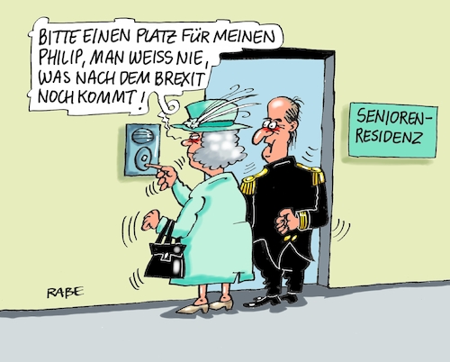 Cartoon: Philip Rückzug (medium) by RABE tagged philip,queen,elisabeth,buckingham,palast,london,england,öffentlichkeit,gemahl,ehegatte,rabe,ralf,böhme,cartoon,karikatur,pressezeichnung,farbcartoon,tagescartoon,seniorenheim,seniorenresidenz,brexit,may,eu,austritt,philip,queen,elisabeth,buckingham,palast,london,england,öffentlichkeit,gemahl,ehegatte,rabe,ralf,böhme,cartoon,karikatur,pressezeichnung,farbcartoon,tagescartoon,seniorenheim,seniorenresidenz,brexit,may,eu,austritt