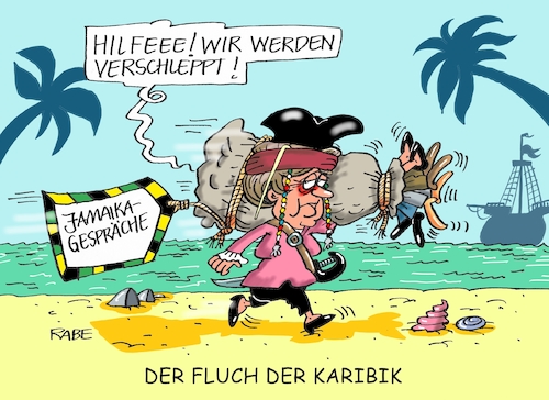 Cartoon: Piratenstück (medium) by RABE tagged jamaika,jamaikagespräche,verschleppung,kanzlerin,merkel,union,cdu,csu,lindner,fdp,grüne,rabe,ralf,böhme,cartoon,karikatur,pressezeichnung,farbcartoon,tagescartoon,karibik,koalitionsgespräche,piraten,fluch,käptn,sparrow,jamaika,jamaikagespräche,verschleppung,kanzlerin,merkel,union,cdu,csu,lindner,fdp,grüne,rabe,ralf,böhme,cartoon,karikatur,pressezeichnung,farbcartoon,tagescartoon,karibik,koalitionsgespräche,piraten,fluch,käptn,sparrow