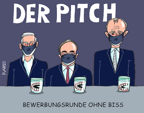 Cartoon: Pitsch Patsch (medium) by RABE tagged kanzler,kanzlerkandidat,cdu,parteivorsitz,parteispitze,pitch,union,röttgen,laschet,merz,rabe,ralf,böhme,cartoon,karikatur,pressezeichnung,farbcartoon,tagescartoon,nrw,corona,generalsekretärzähne,biss,gebiss,bewerbungsrunde,kanzler,kanzlerkandidat,cdu,parteivorsitz,parteispitze,pitch,union,röttgen,laschet,merz,rabe,ralf,böhme,cartoon,karikatur,pressezeichnung,farbcartoon,tagescartoon,nrw,corona,generalsekretärzähne,biss,gebiss,bewerbungsrunde