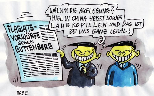 Cartoon: Plagiatshow (medium) by RABE tagged guttenberg,csu,bundesverteidigungsminister,afghanistan,bundesregierung,merkel,rücktritt,doktorarbeit,doktortitel,hochschule,universität,plagiat,plagiatsvorwurf,hausarbeit,examen,abschreiben,schummeln,betrug,raubkopie,raubkopierer,china,wirtschaft,aufträge,chinesen,kopieren,kopie,legal,zeitung,professor,dekan,euro,krise,guttenberg,minister,deutschland,politik,verteidigungsminister,doktorarbeit,aalglatt,doktor,doktortitel,universität,urheber,betrug,plagiat