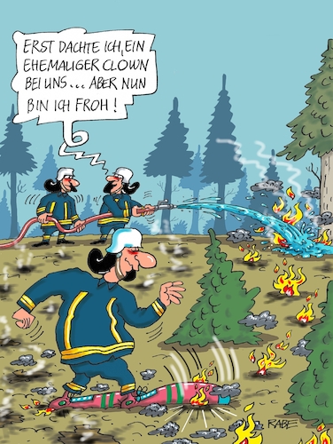 Cartoon: Plattfuß beim Löschen (medium) by RABE tagged klimawandel,hitze,hitzewelle,trockenheit,temperaturanstieg,rabe,ralf,böhme,cartoon,karikatur,pressezeichnung,farbcartoon,tagescartoon,servic,telefon,servicetelefon,dwd,hochstufung,wald,waldbrand,löschzug,feuerwehr,chlown,schuh,plattfuß,flamme,feuer,glutnester,klimawandel,hitze,hitzewelle,trockenheit,temperaturanstieg,rabe,ralf,böhme,cartoon,karikatur,pressezeichnung,farbcartoon,tagescartoon,servic,telefon,servicetelefon,dwd,hochstufung,wald,waldbrand,löschzug,feuerwehr,chlown,schuh,plattfuß,flamme,feuer,glutnester