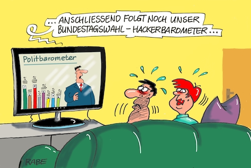 Cartoon: Politbarometer (medium) by RABE tagged wahlkampf,hacker,bundestagswahl,cdu,merkel,spd,schulz,angst,cyberangriff,netz,wahlergebnisse,beeinflussung,rabe,ralf,böhme,cartoon,karikatur,pressezeichnung,farbcartoon,tagescartoon,fernseher,politbarometer,bundestagswahlhackerbarometer,wahlkampf,hacker,bundestagswahl,cdu,merkel,spd,schulz,angst,cyberangriff,netz,wahlergebnisse,beeinflussung,rabe,ralf,böhme,cartoon,karikatur,pressezeichnung,farbcartoon,tagescartoon,fernseher,politbarometer,bundestagswahlhackerbarometer