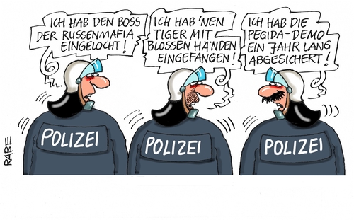 Cartoon: Polizeigewerkschaft (medium) by RABE tagged karikatur,cartoon,böhme,ralf,rabe,polizeieinsatz,polizei,nazis,rechte,demo,dresden,pegida,pressezeichnung,farbcartoon,tagescartoon,flüchtlinge,islamisierung,sachsen,pegida,dresden,demo,rechte,nazis,polizei,polizeieinsatz,rabe,ralf,böhme,cartoon,karikatur,pressezeichnung,farbcartoon,tagescartoon,flüchtlinge,islamisierung,sachsen