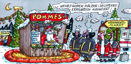 Cartoon: Pommesmarkt (medium) by RABE tagged weihnachten,weihnachtsmarkt,bescherung,weihnachtsbaum,weihnachtsmann,feuerwehr,rettungsdienst,löscheinsatz,sanitäter,oel,pommes,bratfett,fritten,pommesbude,oelsperre,kameraden,notruf,leitzentrale,hilfe,stand,weihnachtsmarktstände,buden,glühwein,lebkuchen,vorweihnachtszeit,weihnachtszeit,qualm,bratwurst,brathähnchen,currywurts,imbiss,fastfood,weihnachten,weihnachtsmarkt,bescherung,weihnachtsbaum,weihnachtsmann,feuerwehr