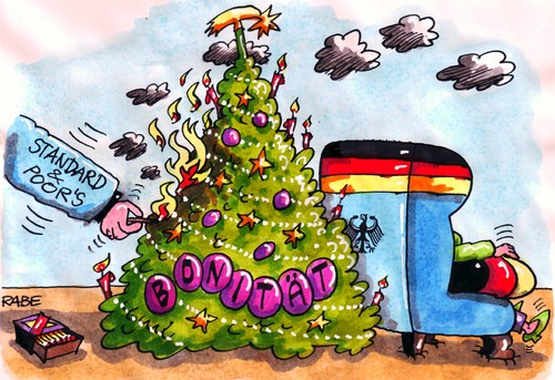 Cartoon: Poor Kanzlerin (medium) by RABE tagged bonität,kredit,kreditwürdigkeit,rating,ratingagentur,herabstufung,moodys,standard,and,poors,euro,eurozone,eu,brüssel,schulden,schuldenkrise,rettungsschirm,aufstockung,deutschland,frankreich,merkel,cdu,bundesregierung,finanzchefs,finanzminister,schäuble,staatschef,sarkozy,weihnachten,weihnachtsfest,weihnachtsbaum,tanne,fichte,kiefer,bescherung,weihnachtsabend,brand,brandgefahr,feuer,flamme,löschen,qualm,rauch,sessel,ohrensessel,eurostaaten,banken,börse,dowjones,dax,eurogruppenchef,eurogipfel,luxemburg,juncker,kredit,kreditwürdigkeit,ratingagentur,herabstufung,moodys,standard