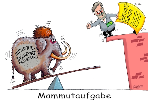 Cartoon: Positionierung (medium) by RABE tagged wirtschaft,industrie,robert,habeck,grüne,positionspapier,rettung,rabe,ralf,böhme,cartoon,karikazurw,wirtschaftsminister,positonspapier,karikatur,pressezeichnung,farbcartoon,tagescartoon,mammut,mammutaufgabe,sprungbrett,wirtschaft,industrie,robert,habeck,grüne,positionspapier,rettung,rabe,ralf,böhme,cartoon,karikazurw,wirtschaftsminister,positonspapier,karikatur,pressezeichnung,farbcartoon,tagescartoon,mammut,mammutaufgabe,sprungbrett