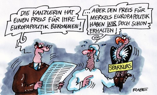 Cartoon: Preisvergabe (medium) by RABE tagged merkel,kanzlerin,cdu,bundesregierung,preis,auszeichnung,preisverleihung,magdeburg,karlspreis,altkanzler,kohl,europa,europapolitik,eu,euro,brüssel,krise,schuldenkrise,pleitegeier,steuerzahler,steuererhöhung,bundesbürger,wähler,preisvergabe,merkel,cdu,bundesregierung,auszeichnung,preisverleihung,karlspreis,kohl,europa