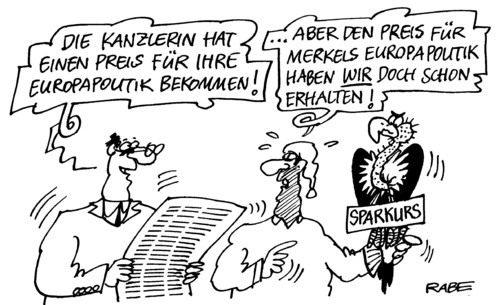 Cartoon: Preisverleihung (medium) by RABE tagged merkel,kanzlerin,cdu,bundesregierung,preis,preisverleihung,karlspreis,europa,europapolitik,eu,brüssel,euro,schuldenkrise,kohl,altkanzler,sparkurs,steuerzahler,pleitegeier,cdu,kanzlerin,preis,preisverleihung,karlspreis,europapolitik,brüssel,eu,euro,schuldenkrise