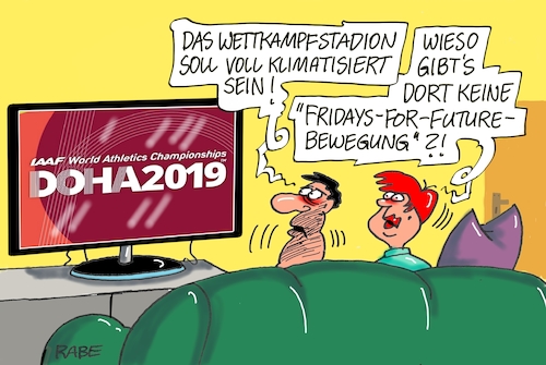 Cartoon: Prima Klima (medium) by RABE tagged klimawandel,umwelt,umweltministerin,schulze,sp,klimapreis,heizung,auto,rabe,ralf,böhme,cartoon,karikatur,pressezeichnung,farbcartoon,tagescartoon,brücke,bettler,verkehr,klimaprämie,friday,for,future,thunberg,katar,doha,hauptstadt,arabische,emirate,leichtathletik,weltmwisterschaft,stadion,wettkampfstadion,temperaturen,hitze,khalifa,sport,klimawandel,umwelt,umweltministerin,schulze,sp,klimapreis,heizung,auto,rabe,ralf,böhme,cartoon,karikatur,pressezeichnung,farbcartoon,tagescartoon,brücke,bettler,verkehr,klimaprämie,friday,for,future,thunberg,katar,doha,hauptstadt,arabische,emirate,leichtathletik,weltmwisterschaft,stadion,wettkampfstadion,temperaturen,hitze,khalifa,sport