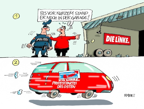 Cartoon: Protestpartei (medium) by RABE tagged landtagswahlen,wahlergebnisse,sachsen,brandenburg,groko,spd,cdu,rabe,ralf,böhme,cartoon,karikatur,pressezeichnung,farbcartoon,tagescartoon,arzt,doktor,csu,afd,verluste,rechte,populismus,protest,protestwähler,protestpartei,osten,ostländer,auto,autoklau,diebstahl,garage,polizei,ostdeutsche,brandenburger,linke,landtagswahlen,wahlergebnisse,sachsen,brandenburg,groko,spd,cdu,rabe,ralf,böhme,cartoon,karikatur,pressezeichnung,farbcartoon,tagescartoon,arzt,doktor,csu,afd,verluste,rechte,populismus,protest,protestwähler,protestpartei,osten,ostländer,auto,autoklau,diebstahl,garage,polizei,ostdeutsche,brandenburger,linke