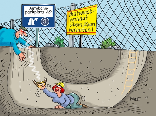 Cartoon: Provinzposse (medium) by RABE tagged thüringen,autobahnautobahnraststätte,verbot,verkaufsverbot,bratwurst,zaun,tunnel,rabe,ralf,böhme,cartoon,karikatur,pressezeichnung,farbcartoon,tagescartoon,tunnelbau,verbotsschild,justiz,thüringen,autobahnautobahnraststätte,verbot,verkaufsverbot,bratwurst,zaun,tunnel,rabe,ralf,böhme,cartoon,karikatur,pressezeichnung,farbcartoon,tagescartoon,tunnelbau,verbotsschild,justiz