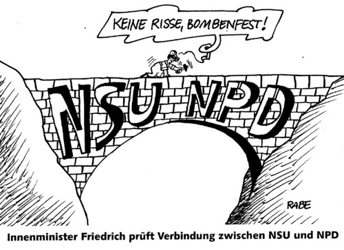 Cartoon: Prüfer (medium) by RABE tagged nsu,friedrich,bundesinnenminister,csu,bayern,innenminister,innenministerium,bundesregierung,kanzlerin,cdu,berlin,verfassungsschutz,verfassungsschützer,vleute,reform,verfassungsschutzreform,reförmchen,nazi,neonazi,neonaziszene,polizei,terrorzelle,akten,spitzel,neonazidatei,gesamtbild,mosaik,mosaiksteinchen,polizeigewerkschaft,informationspannen,neonazitrio,zwickau,innensenator,henkel,informationslücken,verbindung,verbindungsmann,verbindungslücken,brücke,ziegel,tal,berge,risse,bombe,bombenfest,prüfung,nsu,friedrich,bundesinnenminister,csu,bayern,innenminister,innenministerium,bundesregierung,kanzlerin,cdu,berlin,verfassungsschutz,verfassungsschützer,vleute,reform,verfassungsschutzreform,reförmchen,nazi,neonazi,neonaziszene,polizei,terrorzelle,akten,spitzel,neonazidatei,gesamtbild,mosaik,mosaiksteinchen,polizeigewerkschaft,informationspannen,neonazitrio,zwickau,innensenator,henkel,informationslücken,verbindung,verbindungsmann,verbindungslücken,brücke,ziegel,tal,berge,risse,bombe,bombenfest,prüfung