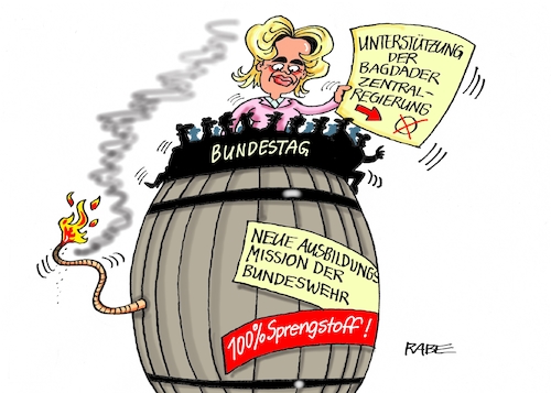 Cartoon: Pulverfaß (medium) by RABE tagged bundestag,bundestagssitzung,bundestagswahl,schlagabtausch,lammert,merkel,gabril,rabe,ralf,böhme,cartoon,karikatur,pressezeichnung,farbcartoon,tagescartoon,bundeswehr,verteidigungsministerin,uschi,von,der,leyen,bagdag,irak,kurden,ausbildung,landesverteidigung,abstimmung,ausbildungsmission,zentralregierung,usa,sprengstoff,pilverfass,nato,bombe,sicherheitspolitik,syrien,kurdenrepublik,is,terrorbekämpfung,nordirak,seitenwechsel,bundestag,bundestagssitzung,bundestagswahl,schlagabtausch,lammert,merkel,gabril,rabe,ralf,böhme,cartoon,karikatur,pressezeichnung,farbcartoon,tagescartoon,bundeswehr,verteidigungsministerin,uschi,von,der,leyen,bagdag,irak,kurden,ausbildung,landesverteidigung,abstimmung,ausbildungsmission,zentralregierung,usa,sprengstoff,pilverfass,nato,bombe,sicherheitspolitik,syrien,kurdenrepublik,is,terrorbekämpfung,nordirak,seitenwechsel