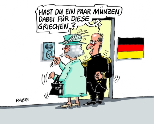 Cartoon: Queenbesuch (medium) by RABE tagged queen,elisabeth,prinz,philipp,staatsbesuch,deutschland,london,staatsempfang,monarchin,berlin,merkel,kanzlerin,rabe,ralf,böhme,cartoon,karikatur,pressezeichnung,farbcartoon,tagescartoon,münzen,euros,griechen,griechenland,pleite,queen,elisabeth,prinz,philipp,staatsbesuch,deutschland,london,staatsempfang,monarchin,berlin,merkel,kanzlerin,rabe,ralf,böhme,cartoon,karikatur,pressezeichnung,farbcartoon,tagescartoon,münzen,euros,griechen,griechenland,pleite