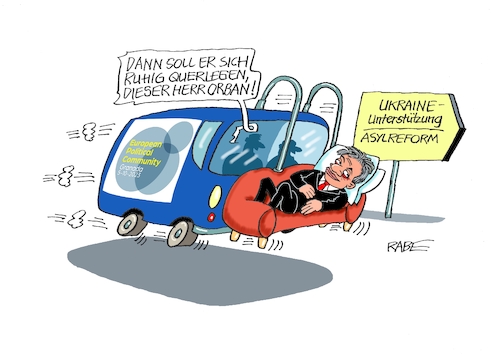 Cartoon: Querlieger (medium) by RABE tagged eu,brüssel,rede,nation,lage,uschi,ursula,von,der,leyen,rabe,ralf,böhme,cartoon,karikatur,pressezeichnung,farbcartoon,tagescartoon,granada,spanien,gipfeltreffen,selenskyj,ukrainehilfe,waffenlieferung,asylverfahren,asylreform,protest,gegner,victor,orban,ungarn,querschläger,pkw,couch,eu,brüssel,rede,nation,lage,uschi,ursula,von,der,leyen,rabe,ralf,böhme,cartoon,karikatur,pressezeichnung,farbcartoon,tagescartoon,granada,spanien,gipfeltreffen,selenskyj,ukrainehilfe,waffenlieferung,asylverfahren,asylreform,protest,gegner,victor,orban,ungarn,querschläger,pkw,couch