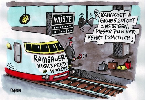 Cartoon: Ramsauerwagon (medium) by RABE tagged ice,ramsauer,verkehrsminister,bahn,ag,wirtschaftlichkeit,highspeed,fahrplan,euro,schienen,schienennetz,fahrplanänderung,fahrgäste,bahnhof,schaffner,zug,haltestelle,verpätung,winter,winterchaos,kritik,bahnchef,grube,signal,weichen,bundesregierung,börse,ice,ramsauer,verkehrsminister,bahn,wirtschaftlichkeit,highspeed,fahrplan,fahrgäste,bahnhof,verpätung,winter,winterchaos,grube,bahnchef