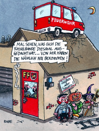 Cartoon: Rasselbande (medium) by RABE tagged feuerwehr,feuerwache,rettungsdienst,kameraden,rasselbande,kinder,verkleidung,halloween,halloweenmaske,hexe,geist,kürbis,kürbiskopf,dracula,streich,irland,kelten,druiden,oktober,herbst,süßes,saures,feuerwehrdepot,feuerwehr,feuerwache,rettungsdienst,kameraden,rasselbande,verkleidung,halloween