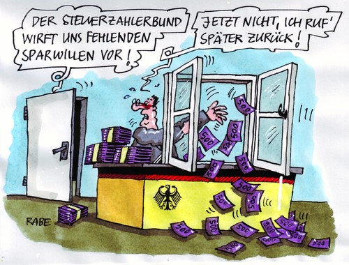 Cartoon: Rausswurf (medium) by RABE tagged bundestag,bundesregierung,kanzlerin,merkel,cdu,finanzminister,schäuble,haushalt,haushaltsentwurf,defizitabbau,konjunktur,steurzahlerbund,steuern,steuerzahler,steuererhöhung,schulden,euro,krise,sparpaket,sparkurs,sparwille,schreibtisch,fenster,geld,geldscheine,geldbündel,konjunkturprogramm,konjunkturlokomotive,etatentwurf,neuverschuldung,sparmassnahme,wachstum,bundestag,bundesregierung,kanzlerin,merkel,finanzminister,schäuble,haushalt,haushaltsentwurf