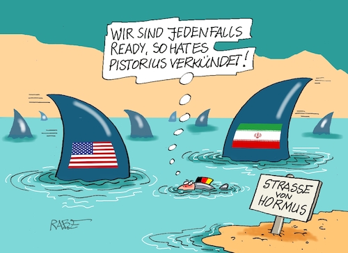 Cartoon: Ready for Fight (medium) by RABE tagged merz,kanzler,koalition,union,spd,klingbeil,cartoon,karikatur,pressezeichnung,farbcartoon,tagescartoon,db,bahn,frühling,frühjahr,frühjahrsputz,ice,zug,blumenkasten,blumenkästen,esc,songcontest,pistorius,bundeswehr,verteidigung,hormus,hormusmission,schiff,kampfschiff,schnellboot,usa,trump,iran,irankrieg,blockade,frieden,friedensplan,hai,haifisch,deutschland,merz,kanzler,koalition,union,spd,klingbeil,cartoon,karikatur,pressezeichnung,farbcartoon,tagescartoon,db,bahn,frühling,frühjahr,frühjahrsputz,ice,zug,blumenkasten,blumenkästen,esc,songcontest,pistorius,bundeswehr,verteidigung,hormus,hormusmission,schiff,kampfschiff,schnellboot,usa,trump,iran,irankrieg,blockade,frieden,friedensplan,hai,haifisch,deutschland