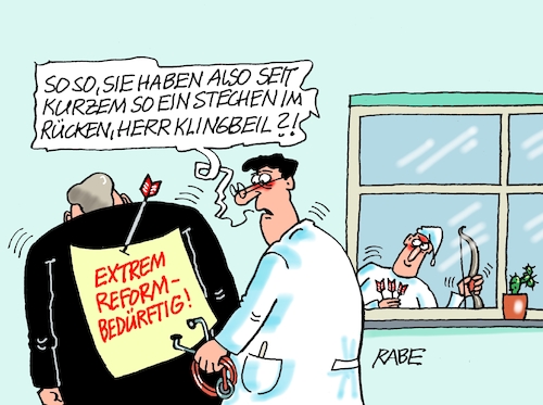 Cartoon: Reformbedürftig (medium) by RABE tagged merz,kanzler,koalition,union,spd,klingbeil,cartoon,karikatur,pressezeichnung,farbcartoon,tagescartoon,db,bahn,frühling,frühjahr,frühjahrsputz,ice,zug,blumenkasten,blumenkästen,lars,finanzminister,reform,arzt,michel,pfeil,bogen,stechen,rücken,energiekrise,bürger,entlastung,spritpreis,irankrieg,merz,kanzler,koalition,union,spd,klingbeil,cartoon,karikatur,pressezeichnung,farbcartoon,tagescartoon,db,bahn,frühling,frühjahr,frühjahrsputz,ice,zug,blumenkasten,blumenkästen,lars,finanzminister,reform,arzt,michel,pfeil,bogen,stechen,rücken,energiekrise,bürger,entlastung,spritpreis,irankrieg