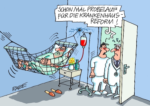 Cartoon: Reformmatte (medium) by RABE tagged merz,kanzler,koalition,union,spd,klingbeil,cartoon,karikatur,pressezeichnung,farbcartoon,tagescartoon,db,bahn,frühling,frühjahr,frühjahrsputz,ice,zug,blumenkasten,blumenkästen,warken,reform,krankenhausreform,gesundheitsreform,arzt,patient,krankenzimmer,hängematte,merz,kanzler,koalition,union,spd,klingbeil,cartoon,karikatur,pressezeichnung,farbcartoon,tagescartoon,db,bahn,frühling,frühjahr,frühjahrsputz,ice,zug,blumenkasten,blumenkästen,warken,reform,krankenhausreform,gesundheitsreform,arzt,patient,krankenzimmer,hängematte