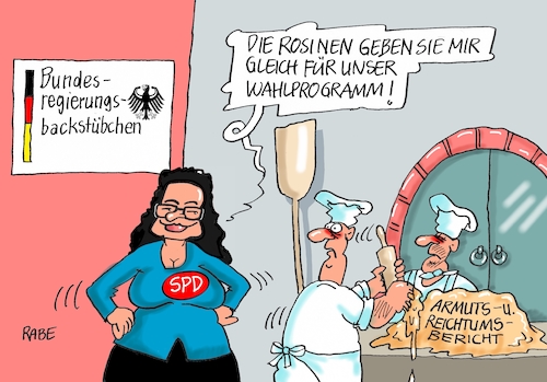 Cartoon: Regierungsbäckerei (medium) by RABE tagged rente,rentner,armut,altersarmut,nahles,spd,rentenbeitrag,sozialministerin,rabe,ralf,böhme,cartoon,karikatur,pressezeichnung,farbcartoon,tagescartoon,schulz,kanzlerkandidat,rentenerhöhung,ost,west,armutsbericht,reichtumsbericht,bundeswahlkampf,bäckerei,teig,rosinen,wahlprogramm,rente,rentner,armut,altersarmut,nahles,spd,rentenbeitrag,sozialministerin,rabe,ralf,böhme,cartoon,karikatur,pressezeichnung,farbcartoon,tagescartoon,schulz,kanzlerkandidat,rentenerhöhung,ost,west,armutsbericht,reichtumsbericht,bundeswahlkampf,bäckerei,teig,rosinen,wahlprogramm