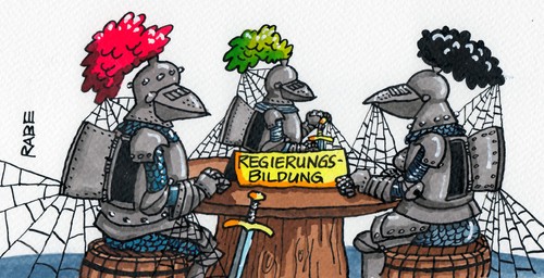 Cartoon: Regierungsbildung (medium) by RABE tagged regierungsbildung,merkel,kanzlerin,grüne,spd,rotgrün,schwarzgrün,bundestagwahl,regierungsgespräche,koalitionsgespräche,regierungsneubildung,kabinett,kabinettsbildung,gabriel,steinbrück,kanzleramt,berlin,rabe,ralf,böhme,cartoon,karikatur,pressezeichnung,farbcartoon,ritter,ritterrüstung,harnisch,helm,visier,federschmuck,schwert,spinne,spinnweben,spinnennetz,tisch,tafelrunde,spitzenpolitiker,göhring,eckhardt,neuausrichtung,opposition,regierungsbildung,merkel,kanzlerin,grüne,spd,rotgrün,schwarzgrün,bundestagwahl,regierungsgespräche,koalitionsgespräche,regierungsneubildung,kabinett,kabinettsbildung,gabriel,steinbrück,kanzleramt,berlin,rabe,ralf,böhme,cartoon,karikatur,pressezeichnung,farbcartoon,ritter,ritterrüstung,harnisch,helm,visier,federschmuck,schwert,spinne,spinnweben,spinnennetz,tisch,tafelrunde,spitzenpolitiker,göhring,eckhardt,neuausrichtung,opposition