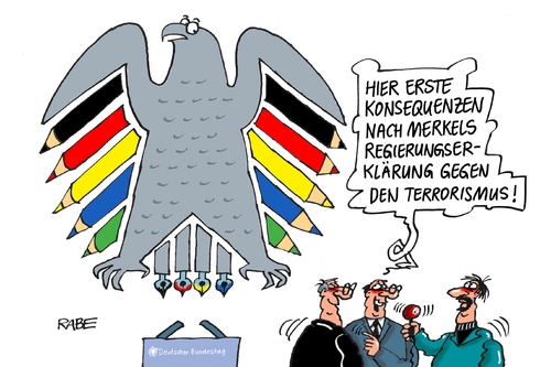 Cartoon: Regierungserklärung (medium) by RABE tagged buundestag,regierungserklärung,kanzlerin,merkel,koalition,islam,islamismus,islamisten,terroristen,is,paris,attentat,charlie,hebdo,redaktion,karikaturisten,rabe,ralf,böhme,cartoon,karikatur,pressezeichnung,farbcartoon,tagescartoon,vorratsdatenspeicherung,fraktionschefs,muslime,generalverdacht,pegida,neonazis,buundestag,regierungserklärung,kanzlerin,merkel,koalition,islam,islamismus,islamisten,terroristen,is,paris,attentat,charlie,hebdo,redaktion,karikaturisten,rabe,ralf,böhme,cartoon,karikatur,pressezeichnung,farbcartoon,tagescartoon,vorratsdatenspeicherung,fraktionschefs,muslime,generalverdacht,pegida,neonazis