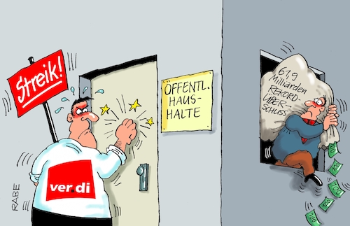 Cartoon: Rekordüberschuß (medium) by RABE tagged verdi,streik,streikwelle,öffentlicher,dienst,lohnerhöhung,rabe,ralf,böhme,cartoon,karikatur,pressezeichnung,farbcartoon,tagescartoon,gewerkschaft,mitglieder,gelder,rekordüberschuß,haushalt,haushaltsüberschuß,milliarden,euro,sack,geld,haustür,verdi,streik,streikwelle,öffentlicher,dienst,lohnerhöhung,rabe,ralf,böhme,cartoon,karikatur,pressezeichnung,farbcartoon,tagescartoon,gewerkschaft,mitglieder,gelder,rekordüberschuß,haushalt,haushaltsüberschuß,milliarden,euro,sack,geld,haustür