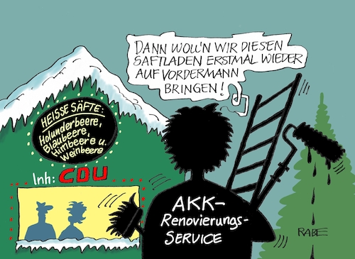 Cartoon: Renovierungsservice (medium) by RABE tagged akk,spahn,merz,schäuble,altmaier,merkel,parteispitze,cdu,parteitag,rabe,ralf,böhme,cartoon,karikatur,pressezeichnung,farbcartoon,tagescartoon,zentrale,dammbruch,spitzenkandidat,weihnachtsmarkt,säfte,stand,renovierung,leiter,walze,rücktritt,hamburg,akk,spahn,merz,schäuble,altmaier,merkel,parteispitze,cdu,parteitag,rabe,ralf,böhme,cartoon,karikatur,pressezeichnung,farbcartoon,tagescartoon,zentrale,dammbruch,spitzenkandidat,weihnachtsmarkt,säfte,stand,renovierung,leiter,walze,rücktritt,hamburg