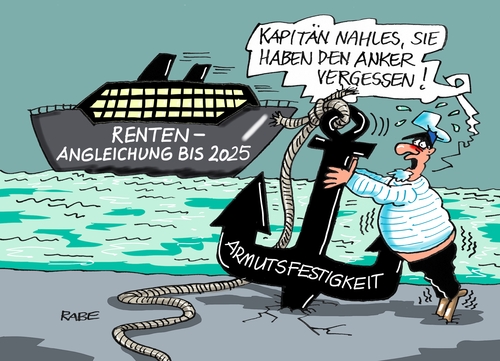 Cartoon: Rentenangleichung (medium) by RABE tagged rente,rentenangleichung,ost,west,bundesarbeitsministerin,nahles,spd,rentner,rabe,ralf,böhme,cartoon,karikatur,pressezeichnung,farbcartoon,tagescartoon,meer,wasser,kreuzfahrtschiff,anker,rettungsanker,kapitänrin,rente,rentenangleichung,ost,west,bundesarbeitsministerin,nahles,spd,rentner,rabe,ralf,böhme,cartoon,karikatur,pressezeichnung,farbcartoon,tagescartoon,meer,wasser,kreuzfahrtschiff,anker,rettungsanker,kapitänrin