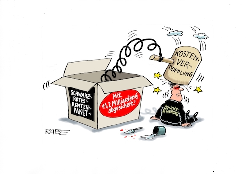 Cartoon: Rentenpaket (medium) by RABE tagged merz,union,kanzler,fritze,koalition,spd,klingbeil,bundesregierung,rabe,ralf,böhme,cartoon,karikatur,pressezeichnung,farbcartoon,tagescartoon,trump,putin,krisen,tv,nachrichten,bärbel,bas,rentenpaket,absicherung,rentner,rentenniveu,kiste,hammer,verdopplung,rentenbeitrag,merz,union,kanzler,fritze,koalition,spd,klingbeil,bundesregierung,rabe,ralf,böhme,cartoon,karikatur,pressezeichnung,farbcartoon,tagescartoon,trump,putin,krisen,tv,nachrichten,bärbel,bas,rentenpaket,absicherung,rentner,rentenniveu,kiste,hammer,verdopplung,rentenbeitrag