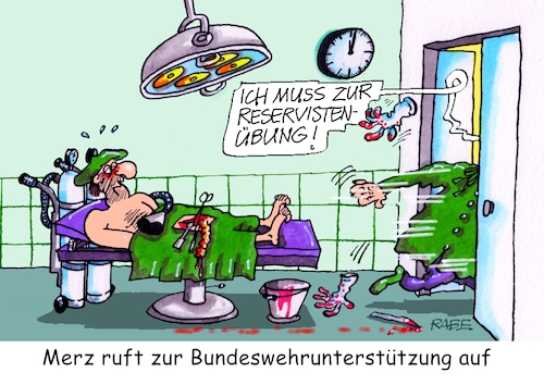 Cartoon: Reserveheld Merz (medium) by RABE tagged merz,union,kanzler,fritze,koalition,spd,klingbeil,bundesregierung,rabe,ralf,böhme,cartoon,karikatur,pressezeichnung,farbcartoon,tagescartoon,trump,putin,krisen,tv,nachrichten,reserve,reservist,bundeswehr,unterstützung,unternehmen,op,operationssaal,patient,feierabend,merz,union,kanzler,fritze,koalition,spd,klingbeil,bundesregierung,rabe,ralf,böhme,cartoon,karikatur,pressezeichnung,farbcartoon,tagescartoon,trump,putin,krisen,tv,nachrichten,reserve,reservist,bundeswehr,unterstützung,unternehmen,op,operationssaal,patient,feierabend