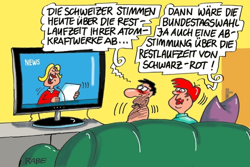 Cartoon: Restlaufzeit Schweiz (medium) by RABE tagged abstimmung,nachrichten,tv,tagescartoon,farbcartoon,pressezeichnung,karikatur,cartoon,böhme,ralf,rabe,atomausstieg,atomindustrie,atommeiler,atomkraftwerke,restlaufzeit,volksabstimmung,schweiz,bundestagswahl,groko,schwarzrot,union,spd,cdu,kanzlerkandidat,schweiz,volksabstimmung,restlaufzeit,atomkraftwerke,atommeiler,atomindustrie,atomausstieg,rabe,ralf,böhme,cartoon,karikatur,pressezeichnung,farbcartoon,tagescartoon,tv,nachrichten,abstimmung,bundestagswahl,groko,schwarzrot,union,spd,cdu,kanzlerkandidat