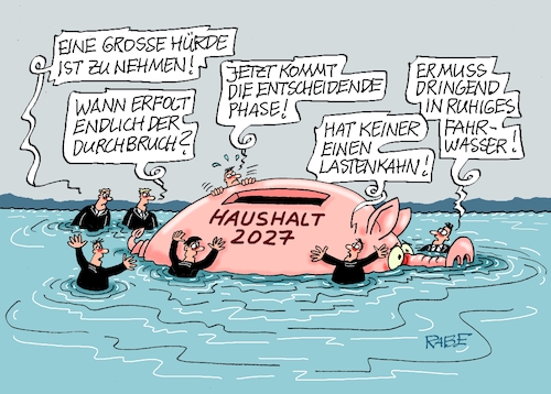 Cartoon: Rettungsaktion (medium) by RABE tagged merz,kanzler,koalition,union,spd,klingbeil,cartoon,karikatur,pressezeichnung,farbcartoon,tagescartoon,db,bahn,frühling,frühjahr,frühjahrsputz,ice,zug,blumenkasten,blumenkästen,haushalt,schulden,reform,gesundheitsreform,eckpunkte,beschluss,zuckersteuer,finanzhilfe,kürzung,wal,timmy,rettungsaktion,hürde,lastenkahn,ostsee,warken,merz,kanzler,koalition,union,spd,klingbeil,cartoon,karikatur,pressezeichnung,farbcartoon,tagescartoon,db,bahn,frühling,frühjahr,frühjahrsputz,ice,zug,blumenkasten,blumenkästen,haushalt,schulden,reform,gesundheitsreform,eckpunkte,beschluss,zuckersteuer,finanzhilfe,kürzung,wal,timmy,rettungsaktion,hürde,lastenkahn,ostsee,warken