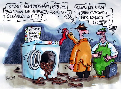 Cartoon: Rote Socken (medium) by RABE tagged linke,bundesregierung,gysi,lötzsch,ernst,bundestagsfraktion,überwachung,überwachungsstaat,bnd,überwachungspeogramm,rote,socken,braune,nazis,neonazis,rechte,rechtsradikal,linksradikal,kaoten,bundestagpolitiker,verfassung,verfassungsschutz,spitzel,abhörskandal,schlapphüte,vollwaschmittel,beobachtung,beschattung,gefahr,mann,männer,waschmaschine,vollwaschprogramm,strümpfe,söckchen,monteur,wanzen,stasi,stasimethoden,verfassungsschützer,sozialisten,kommunisten,linkspartei,pds,sed,ddr,terror,linke,bundesregierung,gysi,lötzsch,ernst,bundestagsfraktion,überwachung,überwachungsstaat,bnd,überwachungspeogramm,rechtsradikal,neonazis,nazis