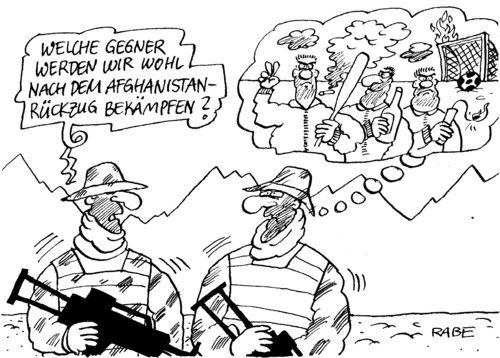 Cartoon: Rückzug (medium) by RABE tagged bundeswehr,afghanistan,afghanistaneinsatz,afghanistankrieg,soldaten,obama,usa,kampfeinsatz,nato,gipfel,kabul,fußball,krawalle,randale,spielfeld,polizei,hooligans,feuerwerkskörper,rauchbomben,schiedsrichter,bundeswehr,nato,gipfel,krieg,kampfeinsatz,afghanistan,kabul,afghanistankrieg