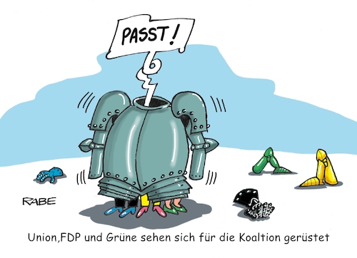 Cartoon: Rüstzeug (medium) by RABE tagged grüne,jamaika,sondierungsgespräche,regierungsbildung,amtshandlung,rabe,ralf,böhme,cartoon,karikatur,pressezeichnung,farbcartoon,tagescartoon,berzhigung,beruhigungspillen,merkel,merkelraute,kanzleramt,rüstung,rüstzeug,harnisch,passgenauigkeit,endrunde,endphase,nacht,grüne,jamaika,sondierungsgespräche,regierungsbildung,amtshandlung,rabe,ralf,böhme,cartoon,karikatur,pressezeichnung,farbcartoon,tagescartoon,berzhigung,beruhigungspillen,merkel,merkelraute,kanzleramt,rüstung,rüstzeug,harnisch,passgenauigkeit,endrunde,endphase,nacht