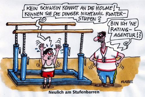 Cartoon: Runtergestuftes (medium) by RABE tagged rating,ratingagentur,moodys,kreditwürdig,zahlungsfähig,zahlungsfähigkeit,pleite,bankrott,euro,dollar,krise,eu,brüssel,pleitegeier,griechenland,italien,merkel,cdu,finanzminister,finanzchef,schäuble,börse,banken,nanker,spekulanten,kredit,zinsen,wirtschaftskrise,staatsbankrott,staatsverschuldung,lehrer,schüler,turnhalle,sportunterricht,lernen,turnen,turnübung,barren,stufenbarren,kür,note,holm,stufen,sportgerät,hilfestellung,rating,ratingagentur,kreditwürdig,zahlungsfähig,zahlungsfähigkeit,pleite,euro,dollar