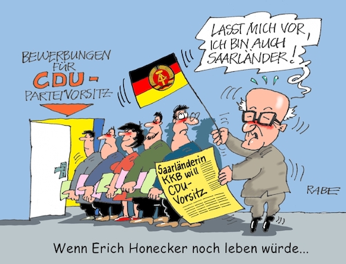 Cartoon: Saarländer unter sich (medium) by RABE tagged merkel,kanzlerin,bundestag,befragung,fragestunde,rede,antwort,parteien,abgeordnete,rabe,ralf,böhme,cartoon,karikatur,pressezeichnung,farbcartoon,tagescartoon,parteivorsitz,cdu,kanzleramt,kanzlerkandidaten,kandidaten,saarland,saarländer,kramp,karrenbauer,sphan,merz,landtagswahl,hessenwahl,bayernwahl,ddr,erich,honecker,staatsratsvorsitzender,fahne,bewerbung,kkb,merkel,kanzlerin,bundestag,befragung,fragestunde,rede,antwort,parteien,abgeordnete,rabe,ralf,böhme,cartoon,karikatur,pressezeichnung,farbcartoon,tagescartoon,parteivorsitz,cdu,kanzleramt,kanzlerkandidaten,kandidaten,saarland,saarländer,kramp,karrenbauer,sphan,merz,landtagswahl,hessenwahl,bayernwahl,ddr,erich,honecker,staatsratsvorsitzender,fahne,bewerbung,kkb