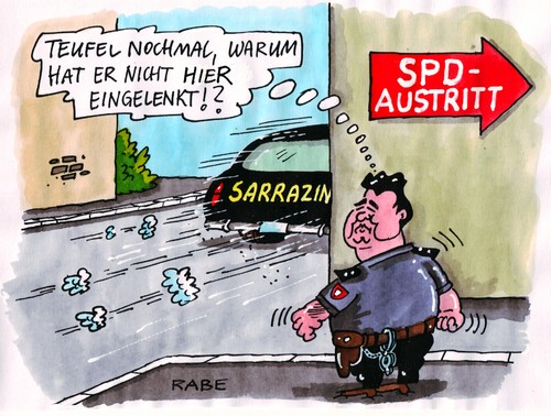 Cartoon: Sarrazin lenkt nicht ein (medium) by RABE tagged spd,gabriel,sarrazin,parteiverfahren,parteiaustritt,euro,deutschland,schfft,sich,ab,ausländer,migration,parteivorsitzender,teufel,einlenkung,auto,vollgas,bundesbank,polizist,umfragewerte,spd,gabriel,sarrazin,parteiverfahren,parteiaustritt,euro,deutschland,migration,ausländer,parteivorsitzender,teufel,einlenkung,auto,vollgas,polizist,umfragewerte