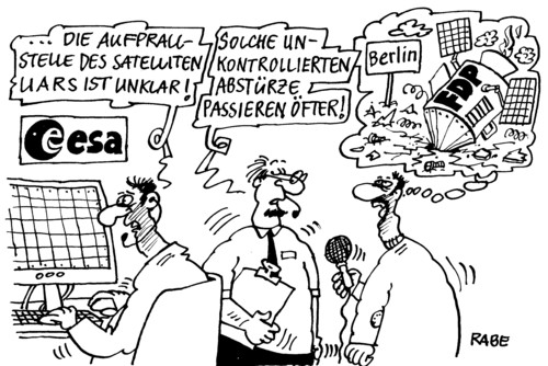 Cartoon: Satellitenschrott (medium) by RABE tagged bundesregierung,kanzlerin,merkel,cdu,fdp,liberale,koalition,schwarzgelb,wahl,berlinwahl,wahlergebnis,rösler,westerwelle,parteispitze,generalsekretär,lindner,wähler,stimmenverlust,absturz,satellit,weltraum,all,uars,aufprall,aufprallstelle,kontrolle,verglühen,erdatmosphäre,weltraumschrott,flugkörper,esa,weltraumbehörde,bundesregierung,kanzlerin,merkel,cdu,fdp,liberale,koalition