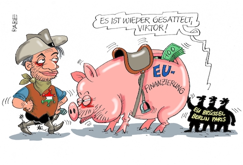 Cartoon: Sattelfestes (medium) by RABE tagged ungarn,budapest,parlamentswahlen,viktor,orban,flüchtlingsthema,wahlsieger,rabe,ralf,böhme,cartoon,karikatur,pressezeichnung,farbcartoon,tagescartoon,cowboy,rodeoreiter,sattel,sparschwein,euro,eu,brüssel,berlin,paris,ungarn,budapest,parlamentswahlen,viktor,orban,flüchtlingsthema,wahlsieger,rabe,ralf,böhme,cartoon,karikatur,pressezeichnung,farbcartoon,tagescartoon,cowboy,rodeoreiter,sattel,sparschwein,euro,eu,brüssel,berlin,paris