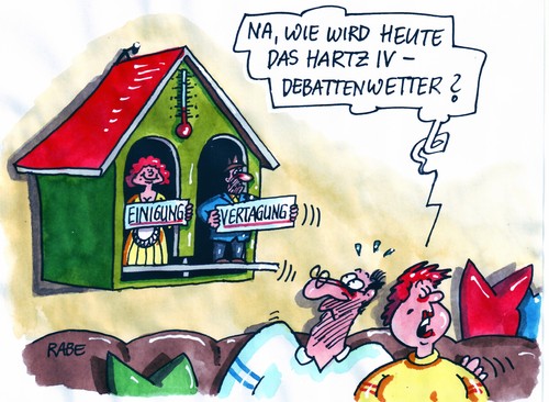 Cartoon: Sauwetterhaus (medium) by RABE tagged hartz,iv,debatte,kompromiss,empfänger,sozialhilfeempfänger,geld,euro,gehalt,job,krise,arbeitsamt,arbeitsagentur,bundesregierung,kanzlerin,merkel,cdu,spd,fdp,linke,csu,grüne,bundesarbeitsministerin,unterstützung,von,der,leyen,einigung,vertagung,lösung,mann,frau,ehepaar,couch,sofa,sofakissen,wetterhaus,wetterstation,wetterstudio,wetterbericht,kachelmann,sauwetter,wettervorhersage,regen,sonne,hitze,hoch,tief,sturm,gewitter,wolken,himmel,wind,hartz,debatte,kompromiss,empfänger,sozialhilfeempfänger,geld,euro,gehalt,krise,job,arbeitsamt,arbeitsagentur,kanzlerin,bundesregierung