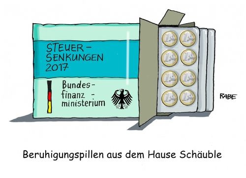 Cartoon: Schäuble (medium) by RABE tagged ralf,rabe,bürger,wahlkampf,steuersenkungen,bundesfinanzminister,schäuble,böhme,cartoon,karikatur,pressezeichnung,farbcartoon,tagescartoon,steuerzahler,tabletten,pillen,beruhigungspillen,wahlschlappe,meckpomm,merkel,flüchtlingspolitik,afd,schäuble,bundesfinanzminister,steuersenkungen,wahlkampf,bürger,rabe,ralf,böhme,cartoon,karikatur,pressezeichnung,farbcartoon,tagescartoon,steuerzahler,tabletten,pillen,beruhigungspillen,wahlschlappe,meckpomm,merkel,flüchtlingspolitik,afd