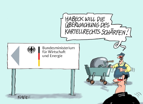 Cartoon: Scharfmacher (medium) by RABE tagged energiewende,windkraft,windräder,solarenergie,umweltminister,robert,habeck,grüne,rabe,ralf,böhme,cartoon,karikatur,pressezeichnung,farbcartoon,tagescartoon,michel,lastenträger,kosten,energiepreise,sanktionen,ukrainekrieg,spritpreise,preiabsprachen,ölkonzerne,ölmultis,verschärfung,kartellrecht,kartellamt,schleifstein,messerschleifer,scherenschleifer,bundesministerum,energiewende,windkraft,windräder,solarenergie,umweltminister,robert,habeck,grüne,rabe,ralf,böhme,cartoon,karikatur,pressezeichnung,farbcartoon,tagescartoon,michel,lastenträger,kosten,energiepreise,sanktionen,ukrainekrieg,spritpreise,preiabsprachen,ölkonzerne,ölmultis,verschärfung,kartellrecht,kartellamt,schleifstein,messerschleifer,scherenschleifer,bundesministerum