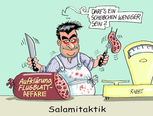 Cartoon: Scheibchenweise (medium) by RABE tagged bayern,söder,ministerpräsident,csu,münchen,landtagswahl,rabe,ralf,böhme,cartoon,karikatur,pressezeichnung,farbcartoon,tagescartoon,kanzler,kanzlerkandidat,kanzlerkandidatur,kanzleramt,verzicht,absage,hubert,aiwanger,freie,wähler,affäre,flugblätter,flugblattaffäre,schulranzen,antisemitismus,antisemitismusvorwürfe,aufklärung,fleischer,metzger,wurst,salami,salamitaktik,scheibchen,waage,bayern,söder,ministerpräsident,csu,münchen,landtagswahl,rabe,ralf,böhme,cartoon,karikatur,pressezeichnung,farbcartoon,tagescartoon,kanzler,kanzlerkandidat,kanzlerkandidatur,kanzleramt,verzicht,absage,hubert,aiwanger,freie,wähler,affäre,flugblätter,flugblattaffäre,schulranzen,antisemitismus,antisemitismusvorwürfe,aufklärung,fleischer,metzger,wurst,salami,salamitaktik,scheibchen,waage