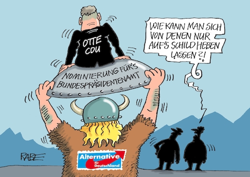 Cartoon: Schildbürger (medium) by RABE tagged cdu,otte,afd,nominierung,bundespräsident,bundespräsidentenwahl,bundespräsidentenamt,rabe,ralf,böhme,cartoon,karikatur,pressezeichnung,farbcartoon,tagescartoon,germane,schild,helm,hörner,cdu,otte,afd,nominierung,bundespräsident,bundespräsidentenwahl,bundespräsidentenamt,rabe,ralf,böhme,cartoon,karikatur,pressezeichnung,farbcartoon,tagescartoon,germane,schild,helm,hörner