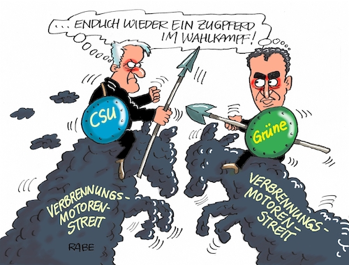 Cartoon: Schlachtrösser (medium) by RABE tagged schlachtrösser,dieselskandal,verbrennungsmotoren,elektroautos,csu,horst,seehofer,grüne,özdemir,rabe,ralf,böhme,cartoon,karikatur,pressezeichnung,farbcartoon,tagescartoon,qualm,wahlkampfthema,zugpferde,lanzen,speer,schild,reiter,schlachtrösser,dieselskandal,verbrennungsmotoren,elektroautos,csu,horst,seehofer,grüne,özdemir,rabe,ralf,böhme,cartoon,karikatur,pressezeichnung,farbcartoon,tagescartoon,qualm,wahlkampfthema,zugpferde,lanzen,speer,schild,reiter