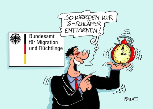 Cartoon: Schläfer wecken (medium) by RABE tagged schläfer,wecker,is,terroristen,attentate,bamf,bundesamt,für,migration,migranten,pässe,papiere,fälschungen,kripo,bka,rabe,ralf,böhme,cartoon,karikatur,pressezeichnung,farbcartoon,tagescartoon,beamter,meldung,wachmacher,schläfer,wecker,is,terroristen,attentate,bamf,bundesamt,für,migration,migranten,pässe,papiere,fälschungen,kripo,bka,rabe,ralf,böhme,cartoon,karikatur,pressezeichnung,farbcartoon,tagescartoon,beamter,meldung,wachmacher